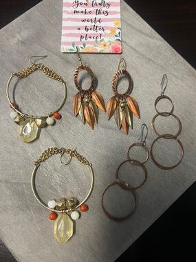 Gold and Copper Multi-Element Statement Earrings - dreamcatcher feathers boho